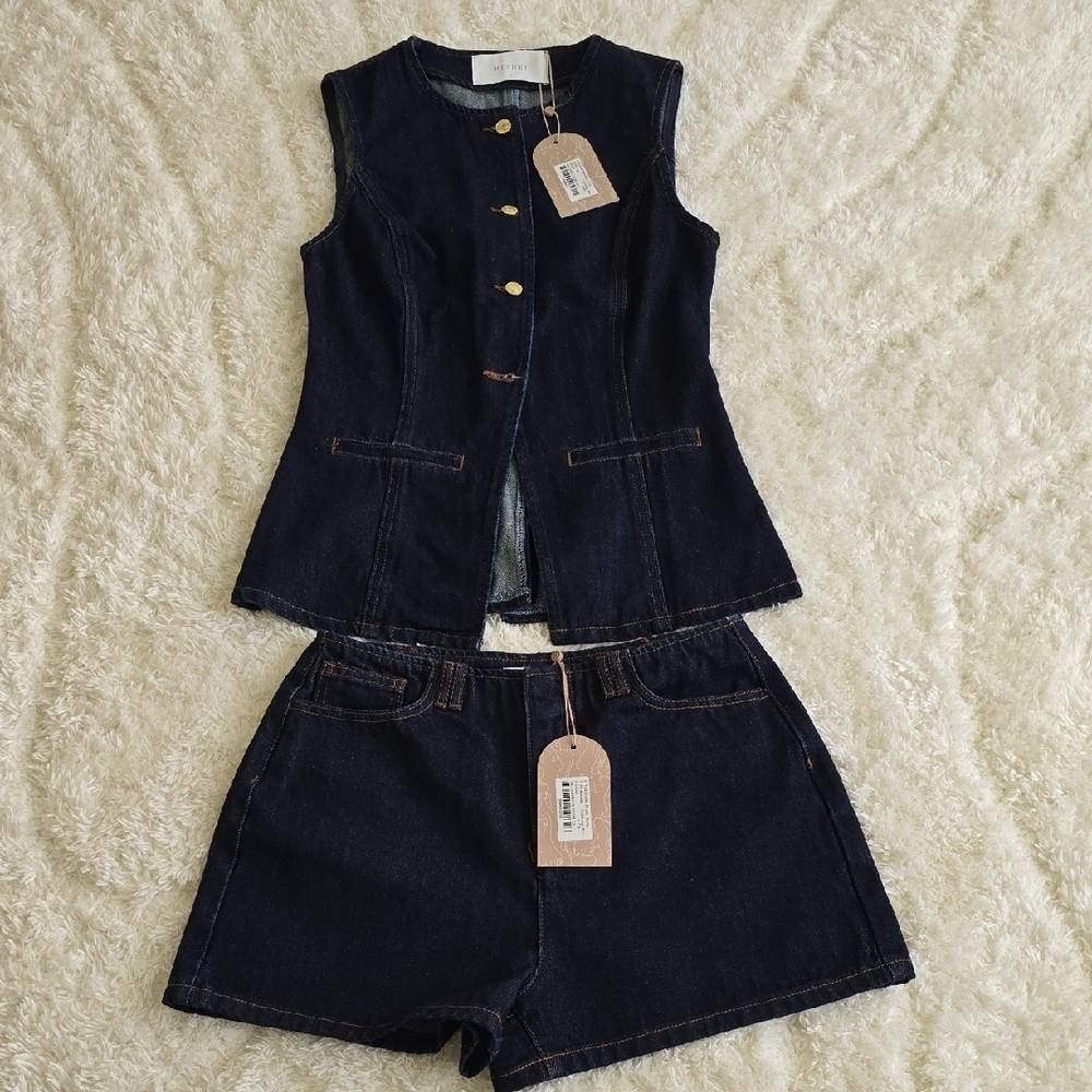 Meshki Dark Blue Denim Vest & Shorts Set NWT